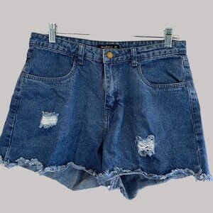 Dressberry Distressed Women's Cotton Denim Shorts 32 W/ Frayed Hem & Pockets